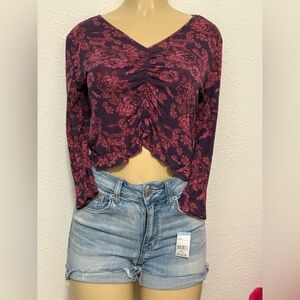 BONGO Floral Ruched V-Neck Top - Purple and Red